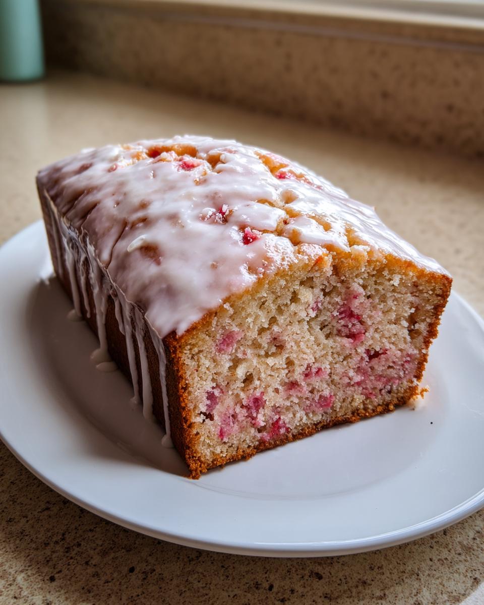 A loaf of glazed strawberry bread, sliced to show the pink fruit baked inside, resting on a white plate.