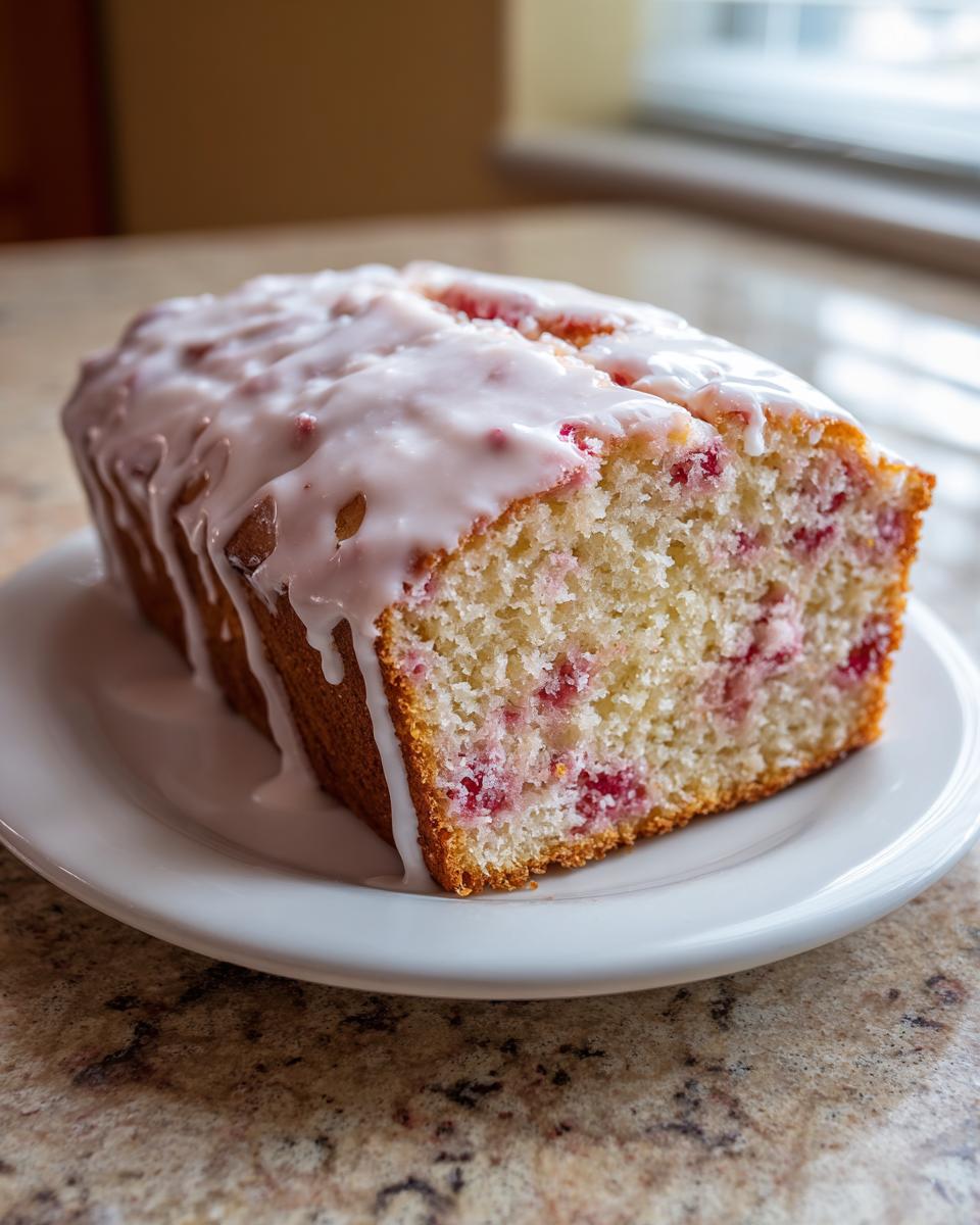 A close-up of a freshly baked glazed strawberry bread loaf, showing the moist interior with visible strawberry pieces.