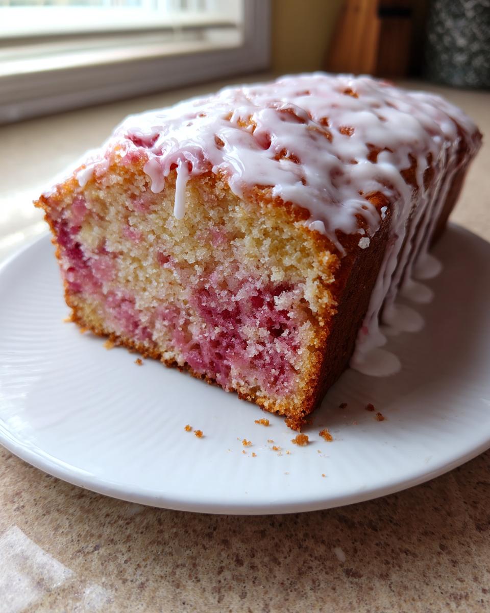 A close-up of a slice of glazed strawberry bread showing the moist crumb and bright pink strawberry pieces inside.