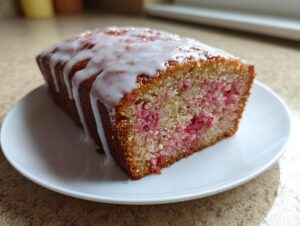 Close-up of a slice of glazed strawberry bread showing the moist crumb with pink strawberry pieces and white icing drizzle.
