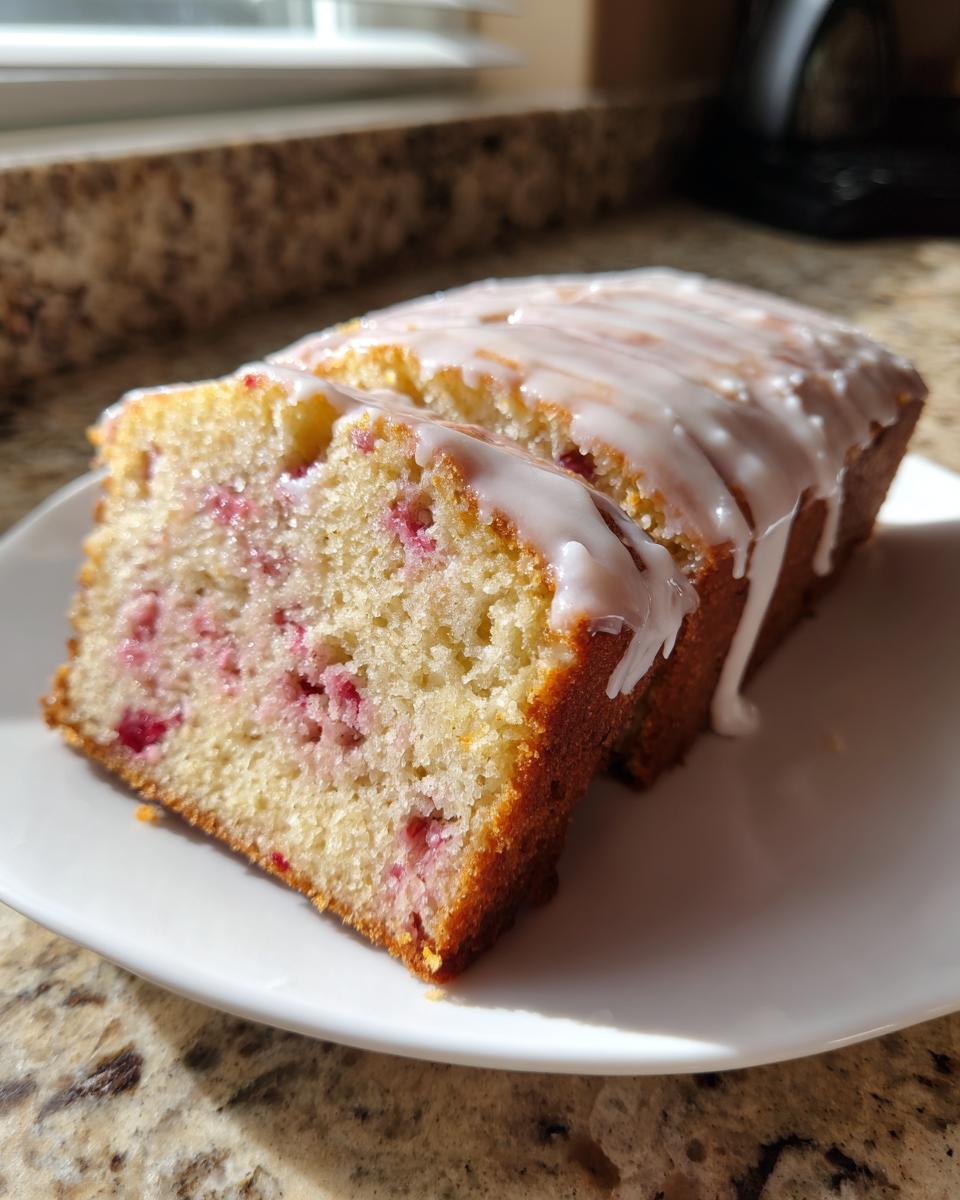 Two slices of moist glazed strawberry bread showing pink fruit pieces inside, resting on a white plate.