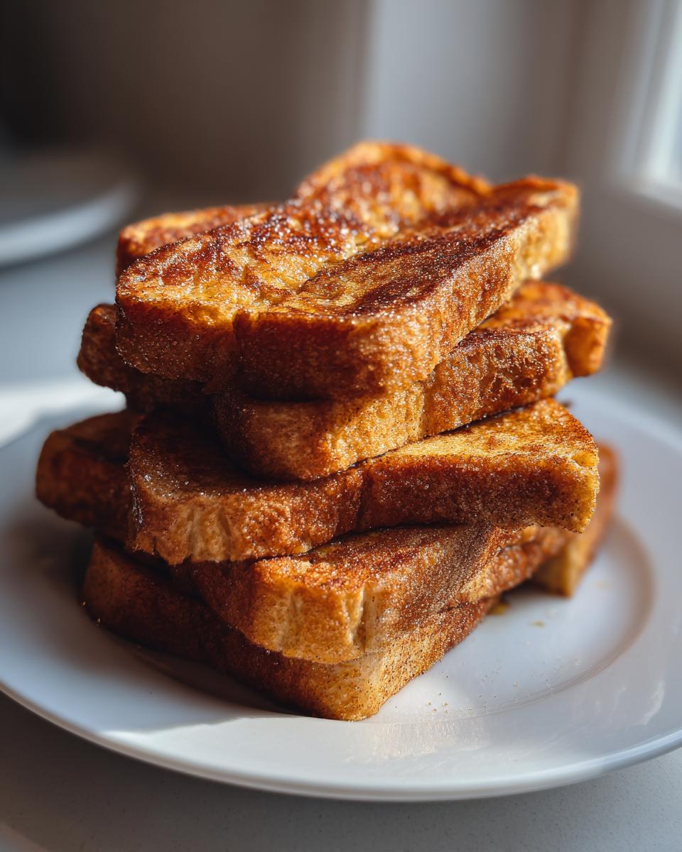 A vertical stack of thick, golden brown cinnamon french toast sticks dusted with sugar on a white plate.