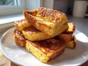 A stack of perfectly golden brown cinnamon french toast sticks piled high on a white plate, ready to eat.