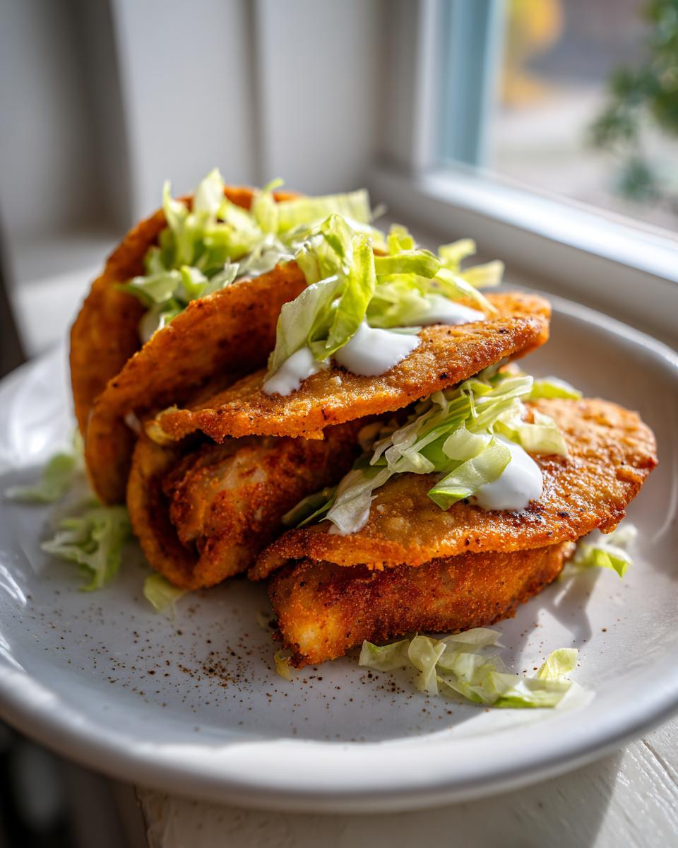 Three golden-brown Crispy Potato Tacos topped with shredded lettuce and a drizzle of sour cream on a white plate.