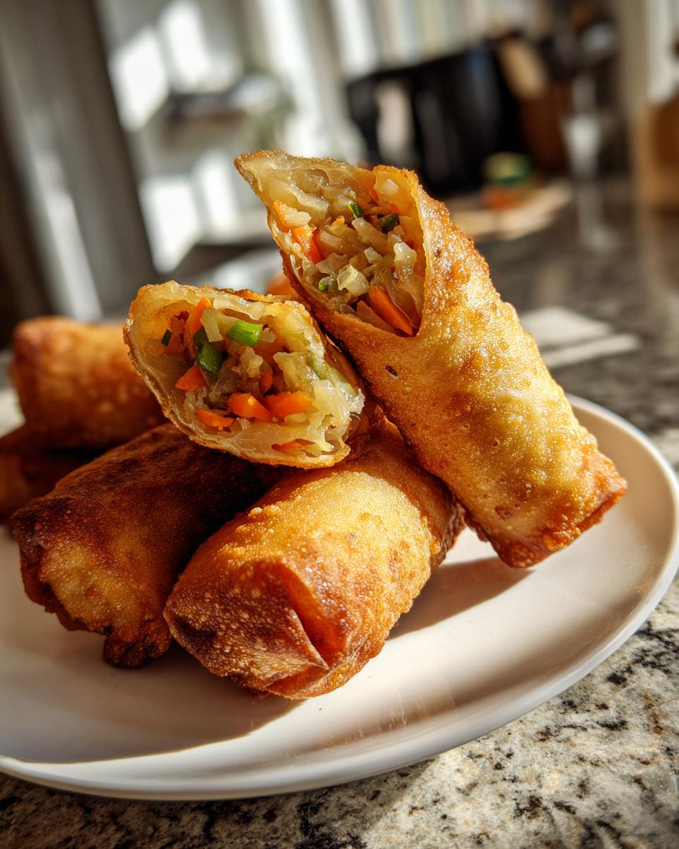 A stack of crispy, golden homemade egg rolls with one cut in half revealing the vegetable filling.