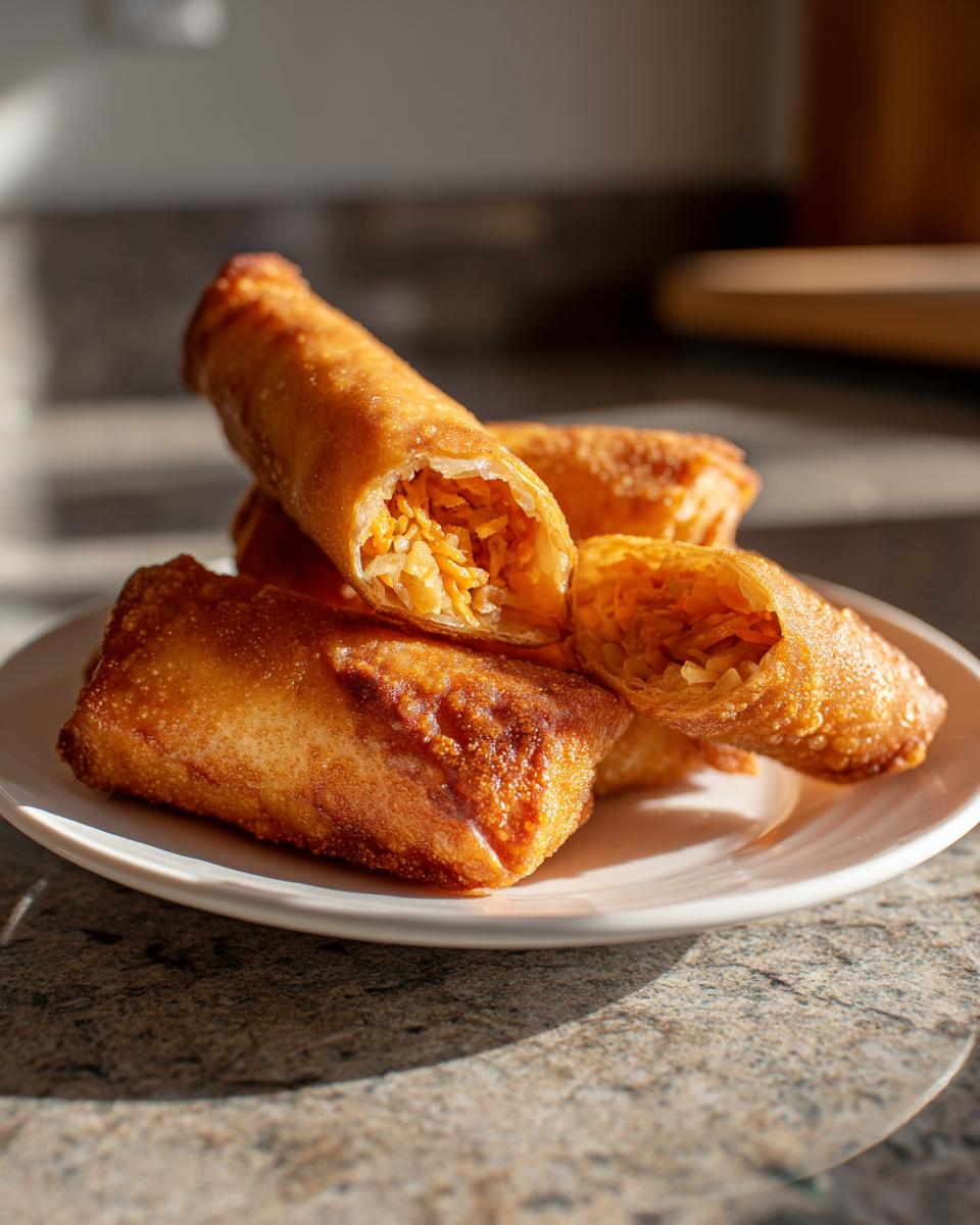 Close-up of crispy, golden homemade egg rolls stacked on a white plate, one is broken open showing the vegetable filling.