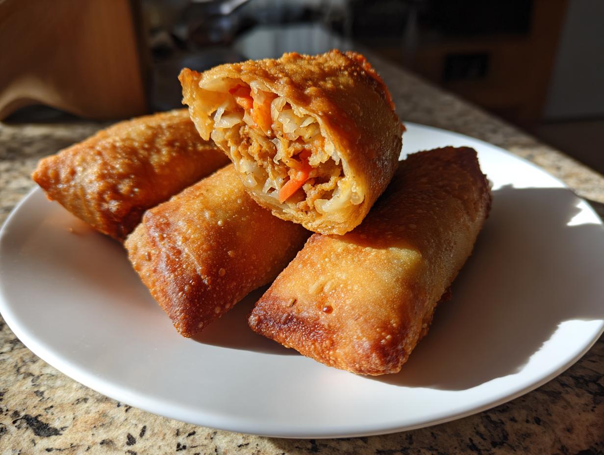 Four crispy, golden brown homemade egg rolls stacked on a white plate, one cut open showing vegetable filling.