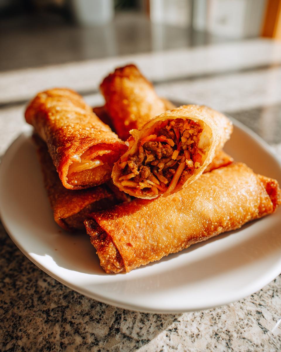 A stack of crispy, golden homemade egg rolls, with one cut open showing the savory filling.