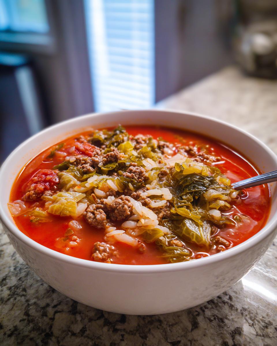 Close-up of a white bowl filled with rich, red Golumpki Soup containing ground meat, rice, and cabbage.