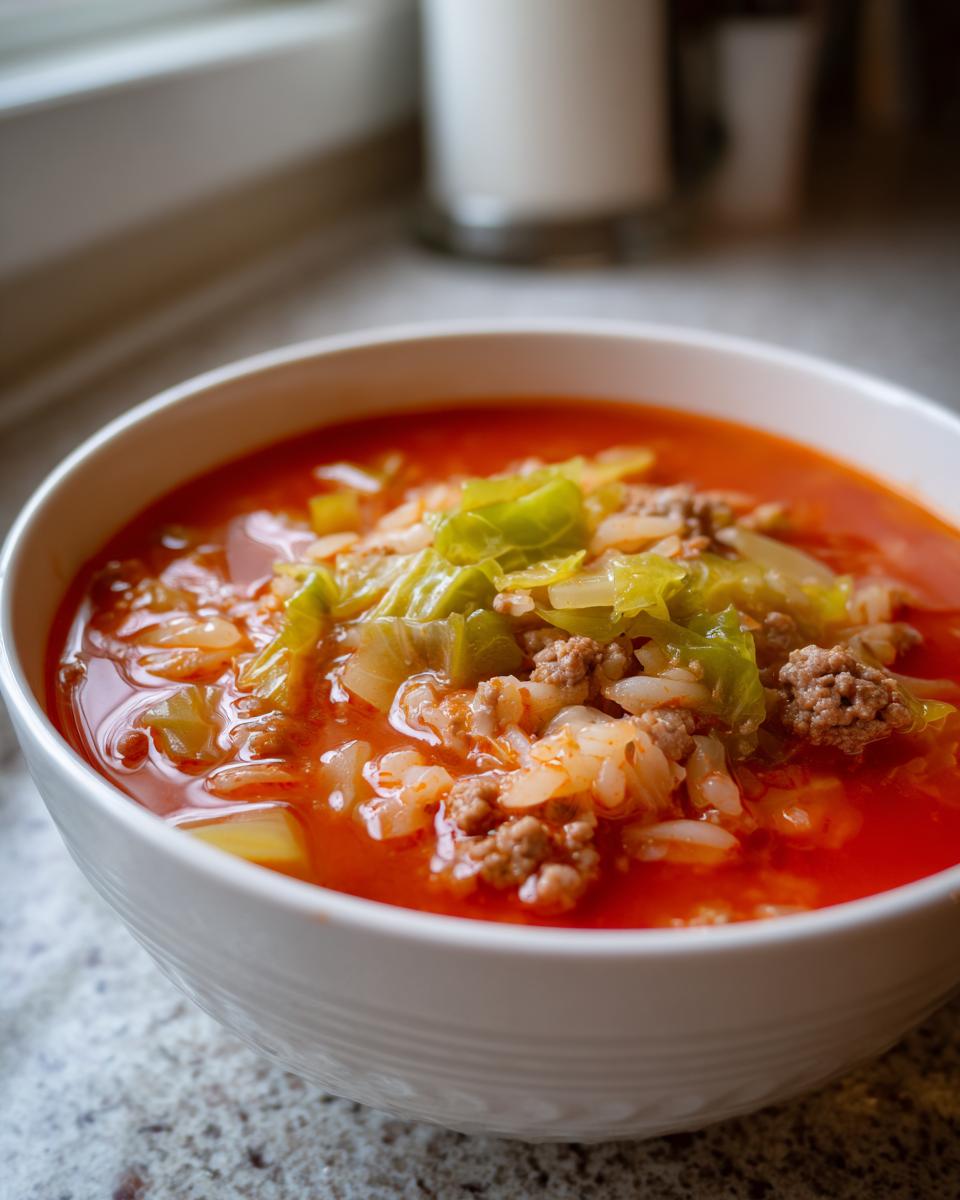 A close-up of a white bowl filled with rich, red Golumpki Soup containing ground meat, rice, and cabbage.