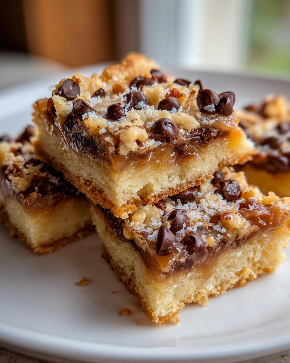 Close-up of stacked, gooey knock you naked bars topped with chocolate chips and coconut flakes.