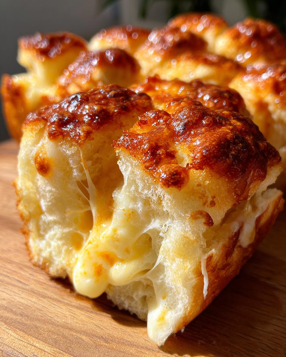 Close-up of a pull-apart section of mini grilled cheese hawaiian rolls showing melted, gooey cheese stretching between the soft rolls.