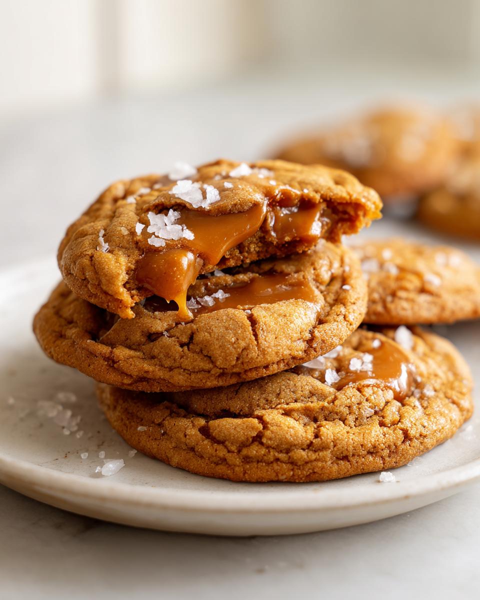 A stack of three soft sea salt caramel cookies, with the top one broken open showing gooey caramel filling and sprinkled with flaky sea salt.
