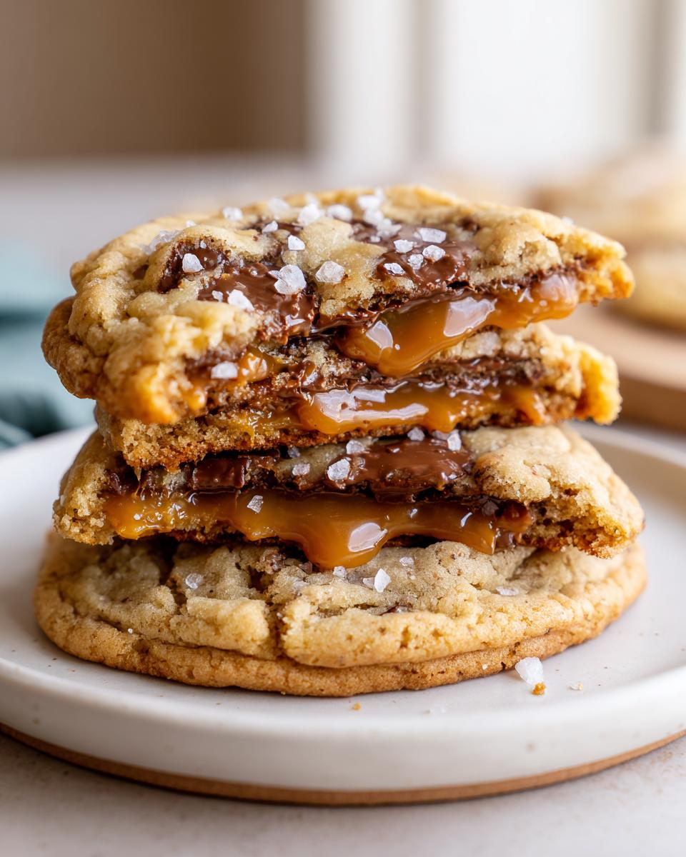 Two halves of gooey sea salt caramel cookies stacked, revealing melted chocolate and flowing caramel filling.