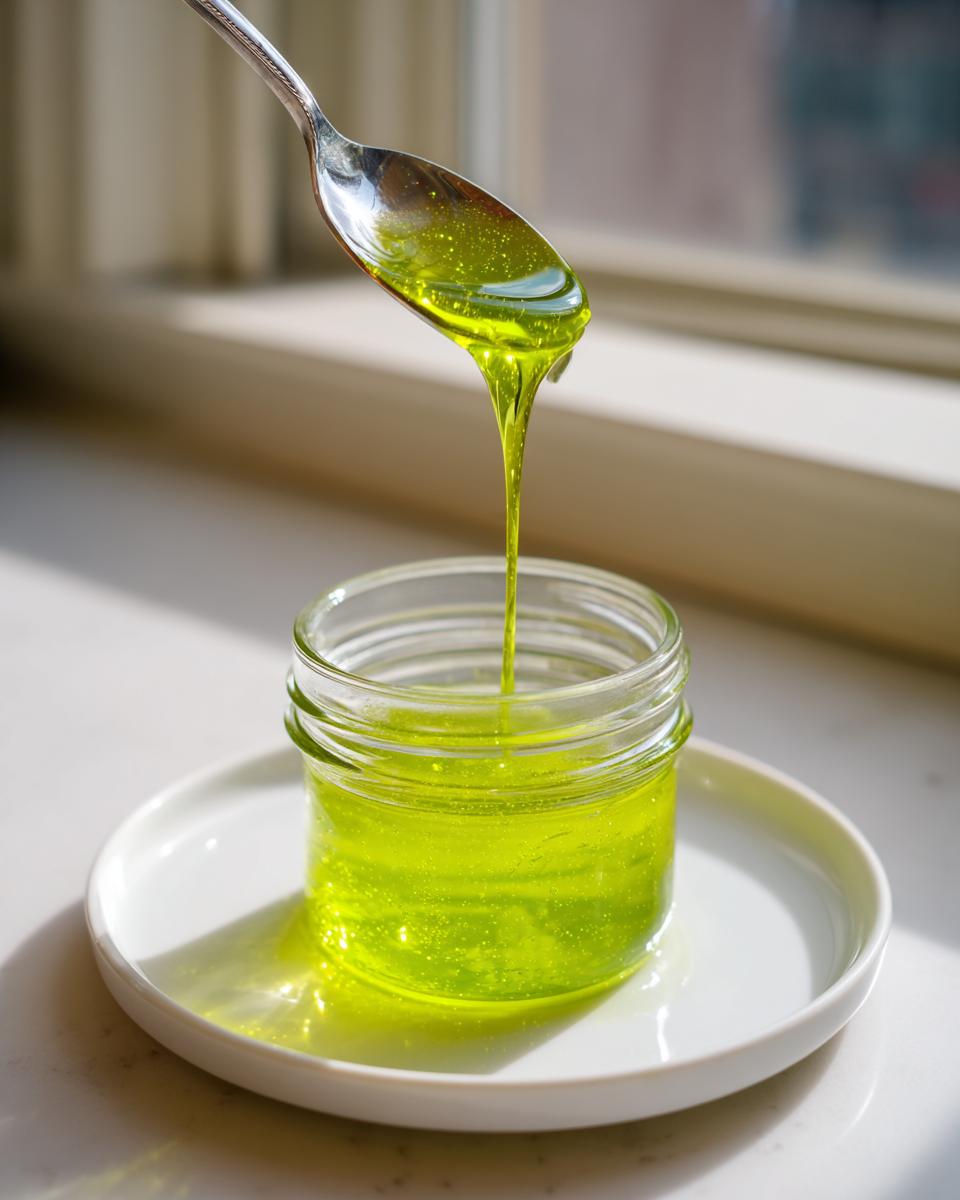 A silver spoon drips thick, vibrant Green Apple Syrup into a small glass jar sitting on a white saucer.