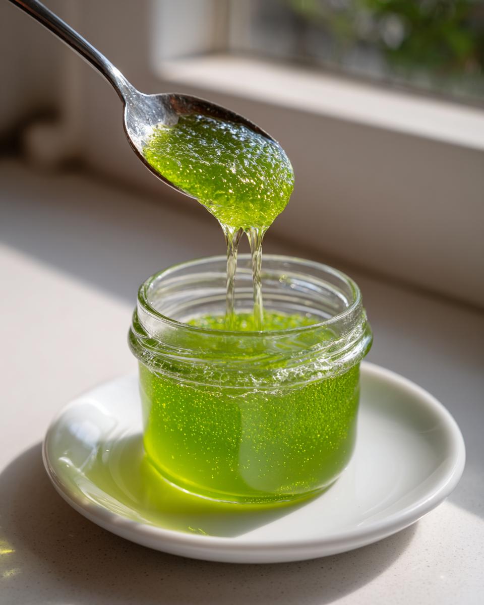 A spoonful of vibrant, thick Green Apple Syrup is dripping back into a small glass jar.