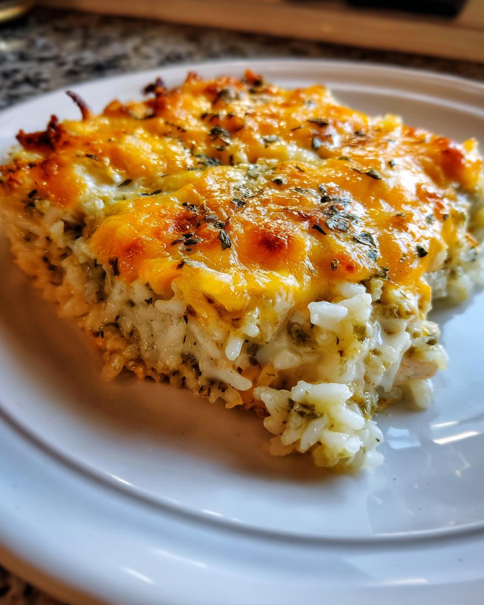 A close-up of a serving of cheesy green chile chicken and rice casserole topped with melted cheddar.
