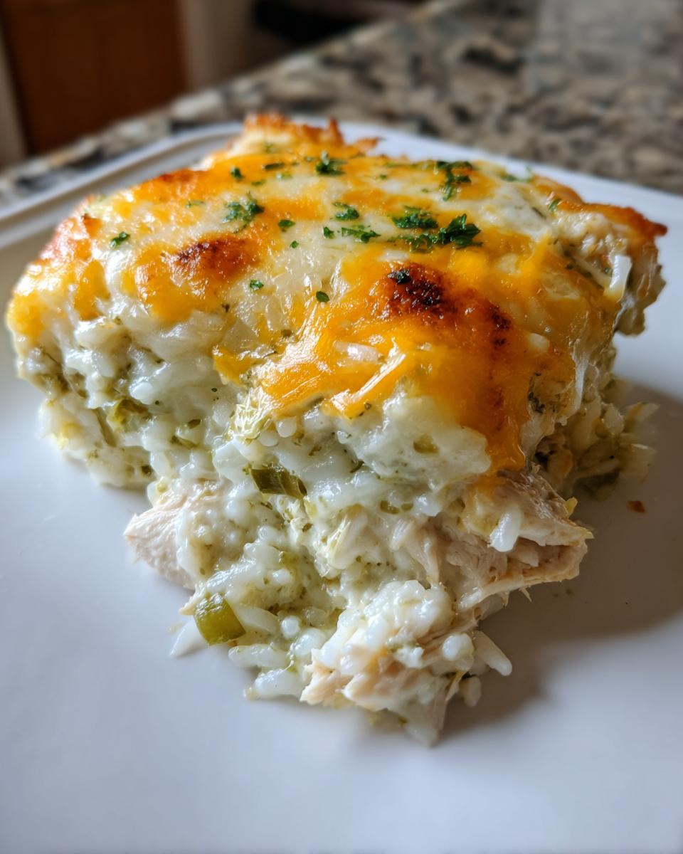 A close-up of a portion of green chile chicken and rice casserole topped with melted, browned cheddar cheese and parsley.