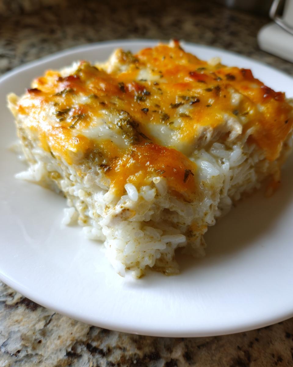 A square serving of cheesy green chile chicken and rice casserole topped with melted cheddar and herbs.