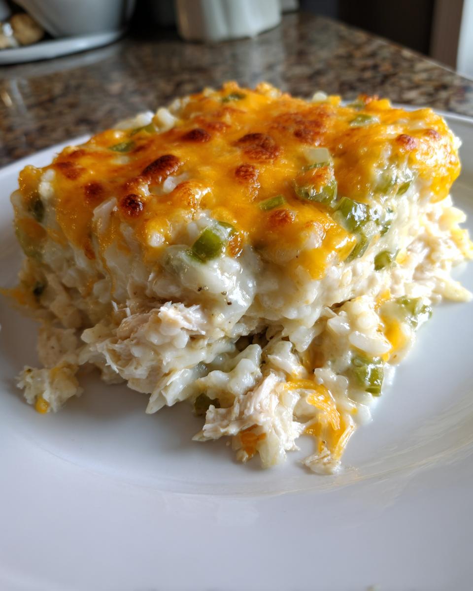 A square serving of creamy green chile chicken and rice casserole topped with melted, browned cheddar cheese.