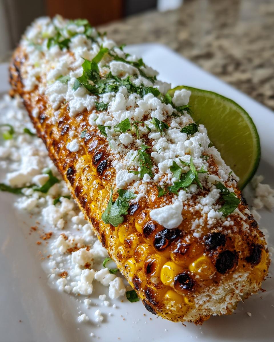 A close-up of perfectly grilled Elote Queso topped generously with crumbled white cheese and fresh cilantro, served with a lime wedge.