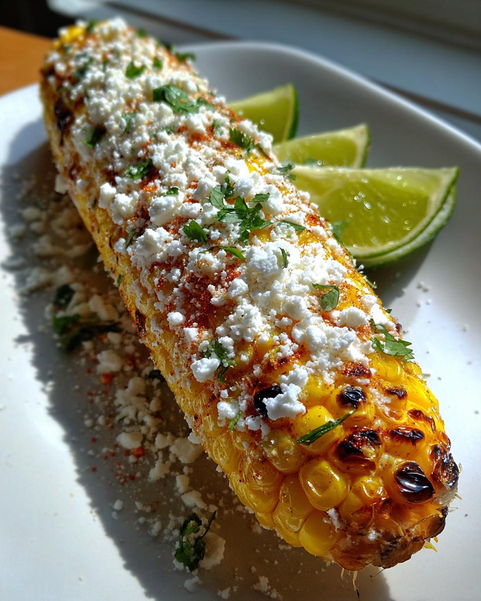 Close-up of grilled corn on the cob topped with crumbled cheese and spices, representing Elote Queso, served with lime wedges.