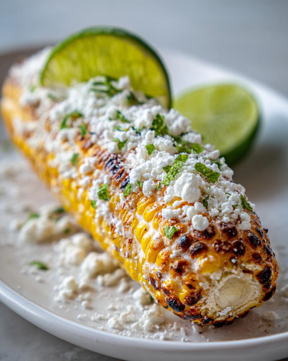 Close-up of grilled corn on the cob topped with crumbled white cheese and herbs, served with lime wedges for an amazing Elote Queso.