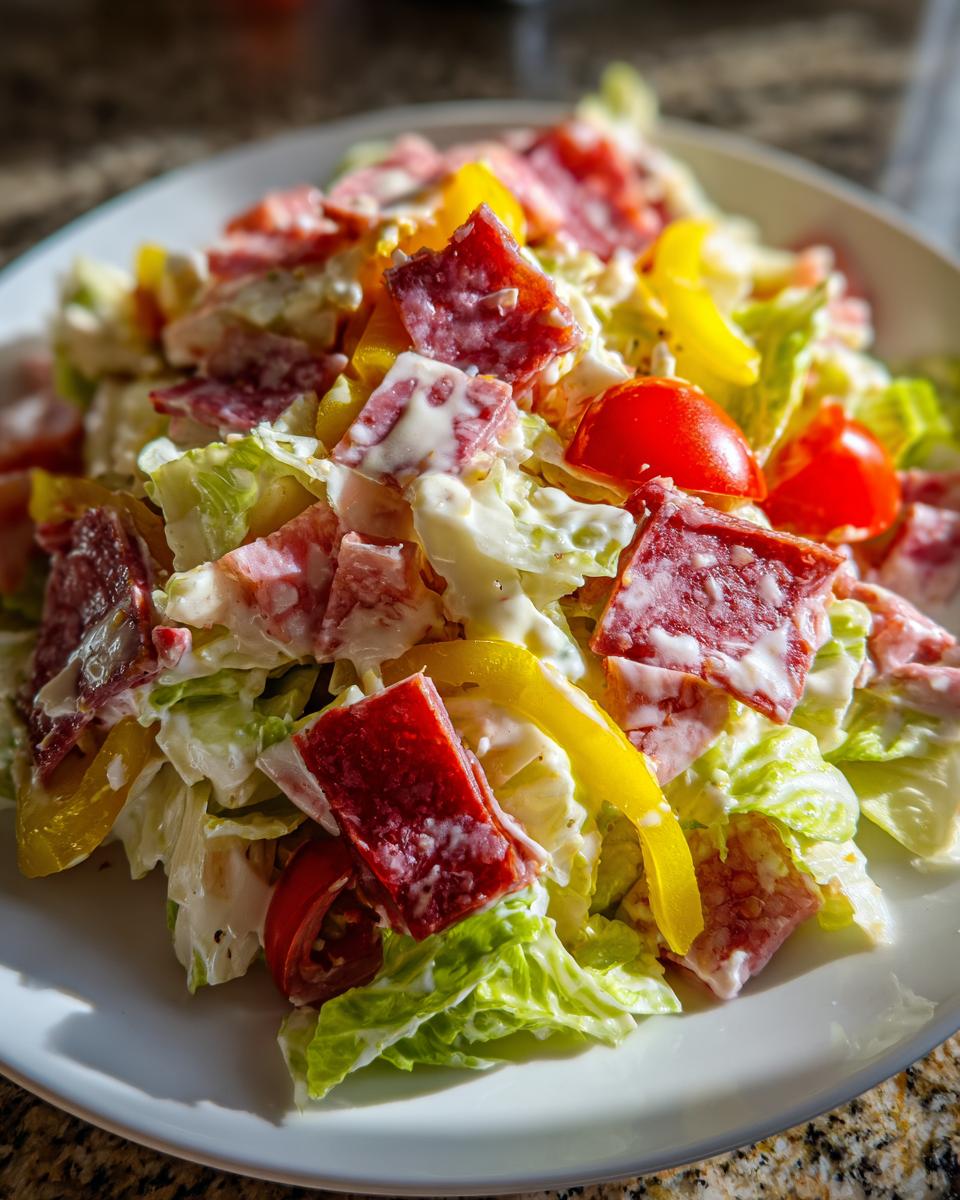 A close-up of a hearty grinder salad featuring chopped lettuce, salami, yellow peppers, and tomatoes coated in a creamy dressing.