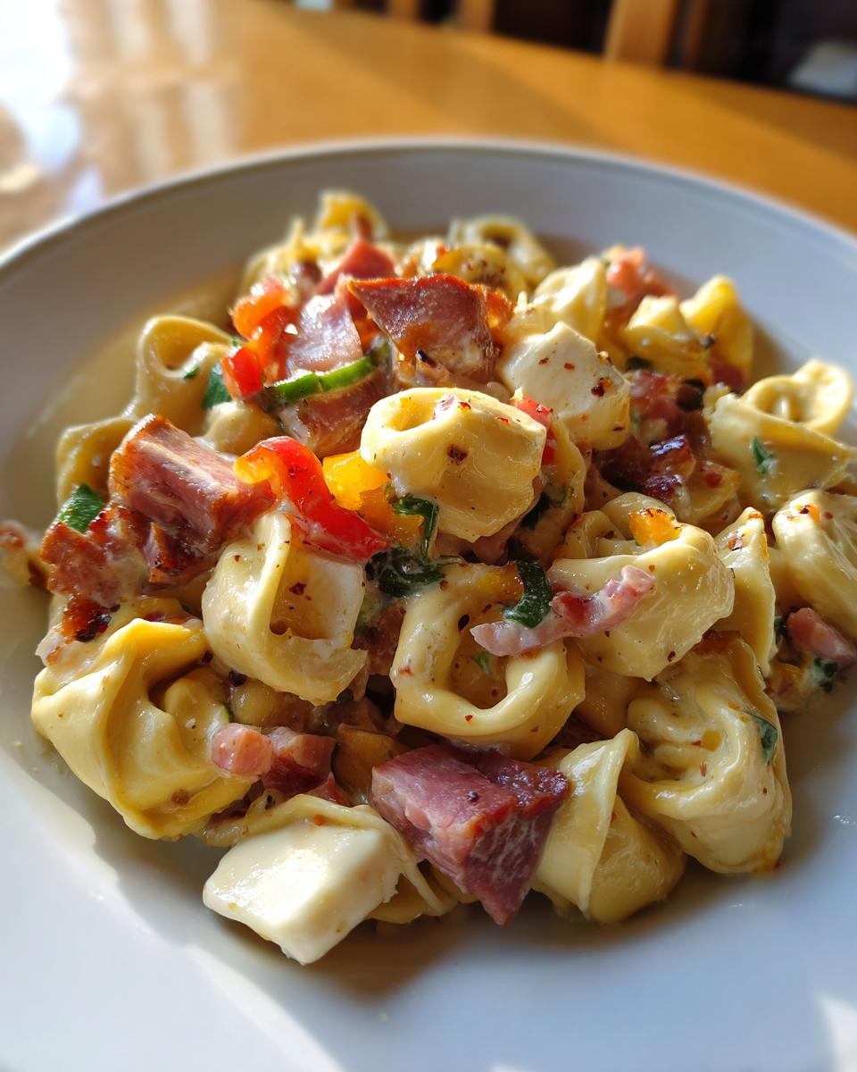 Close-up of a white bowl filled with creamy Grinder Tortellini Salad featuring tortellini, chunks of meat, mozzarella, and peppers.