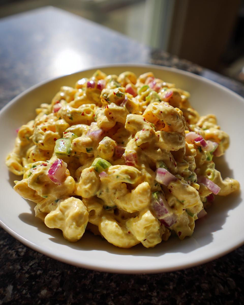 A close-up of Guy Fieri's Iconic Mac Salad, featuring elbow macaroni coated in a rich yellow dressing with chunks of red onion and celery.