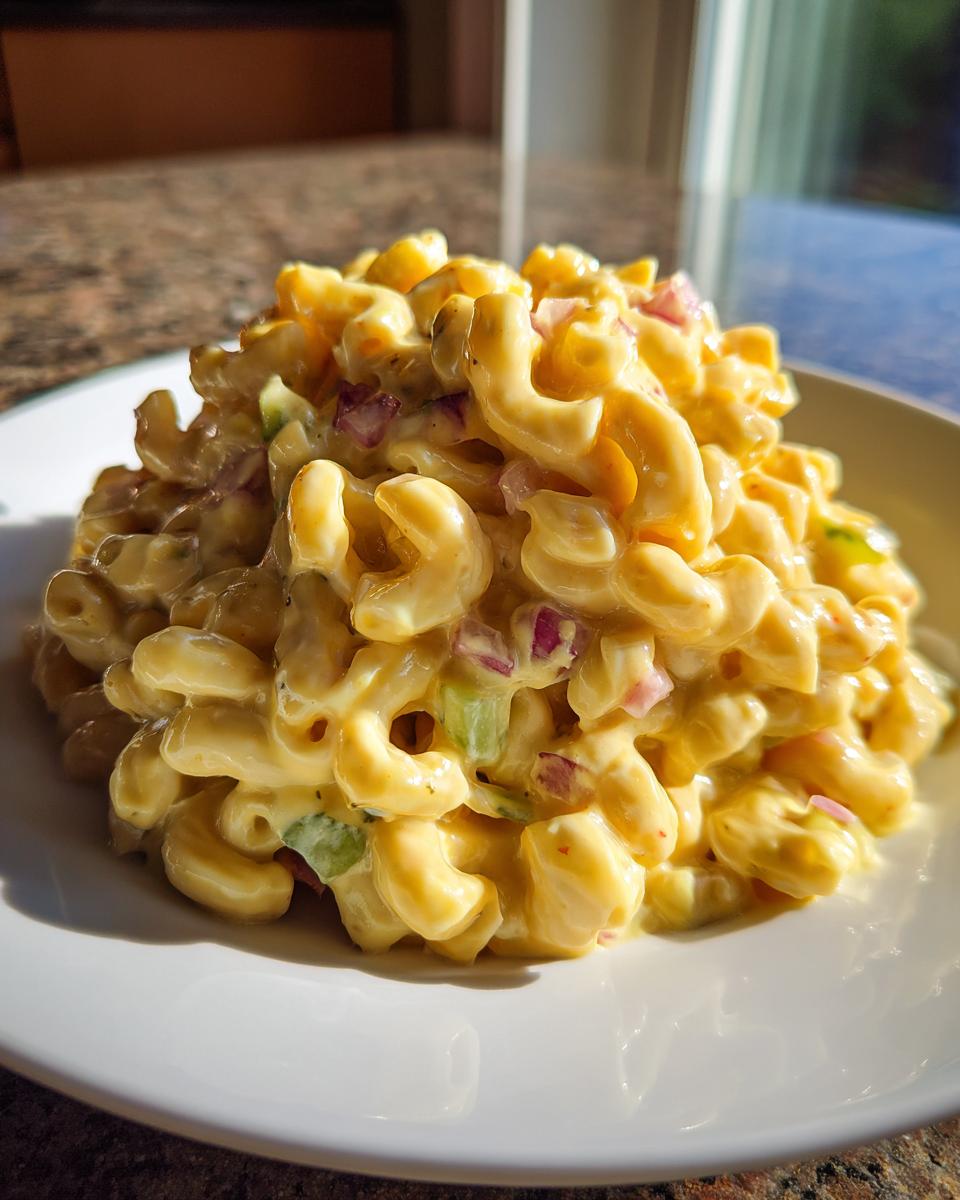 A mound of creamy, yellow Guy Fieri's Iconic Mac Salad featuring elbow macaroni, red onion, and celery on a white plate.