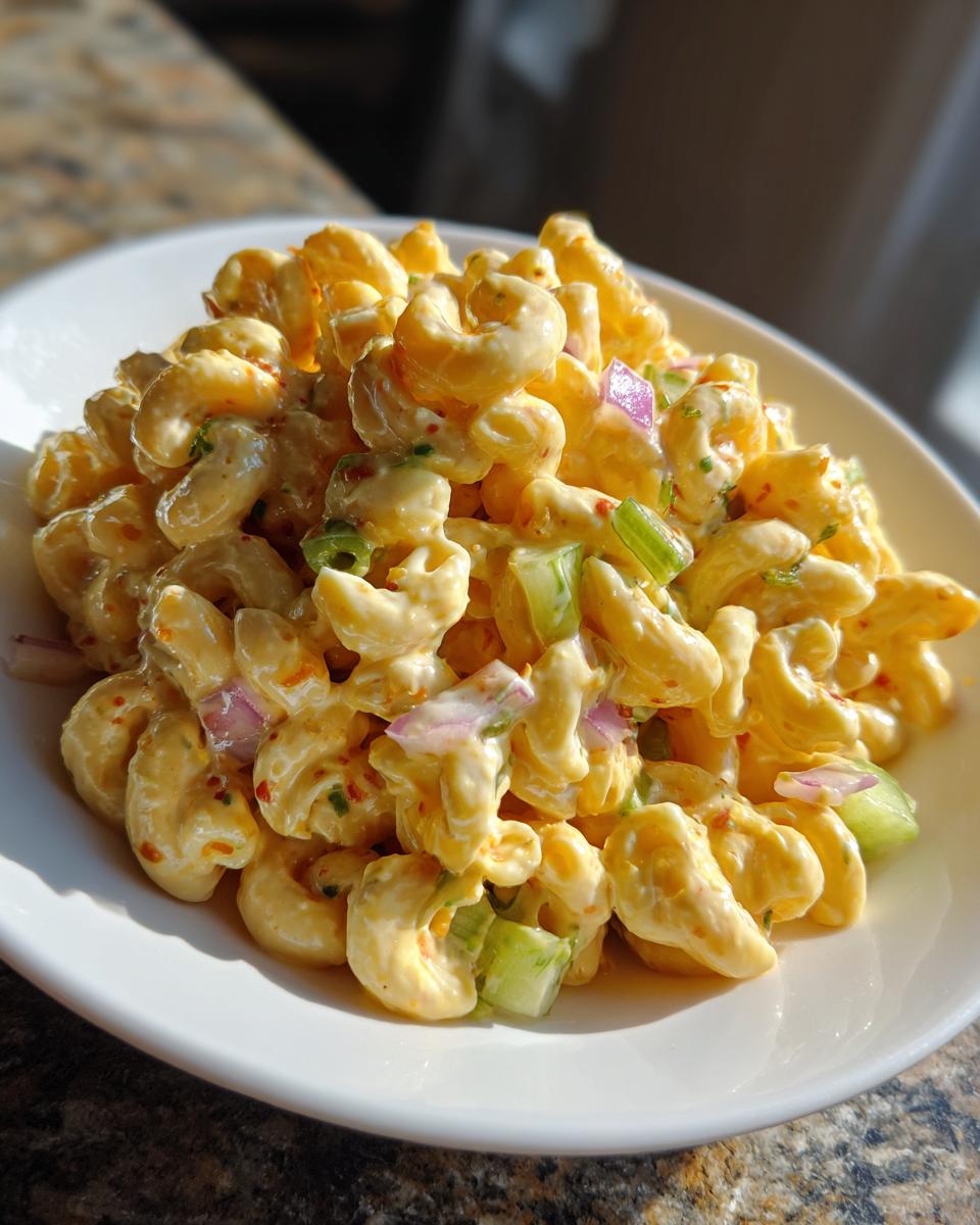 A close-up of Guy Fieri's Iconic Mac Salad featuring elbow macaroni coated in creamy dressing with visible celery and red onion pieces.