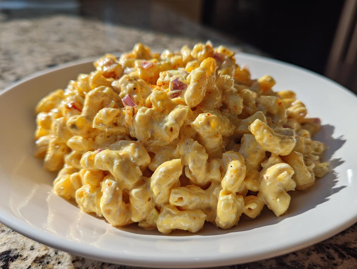 A close-up of Guy Fieri's Iconic Mac Salad, featuring elbow macaroni coated in a creamy yellow dressing with visible specks of red onion and seasoning.