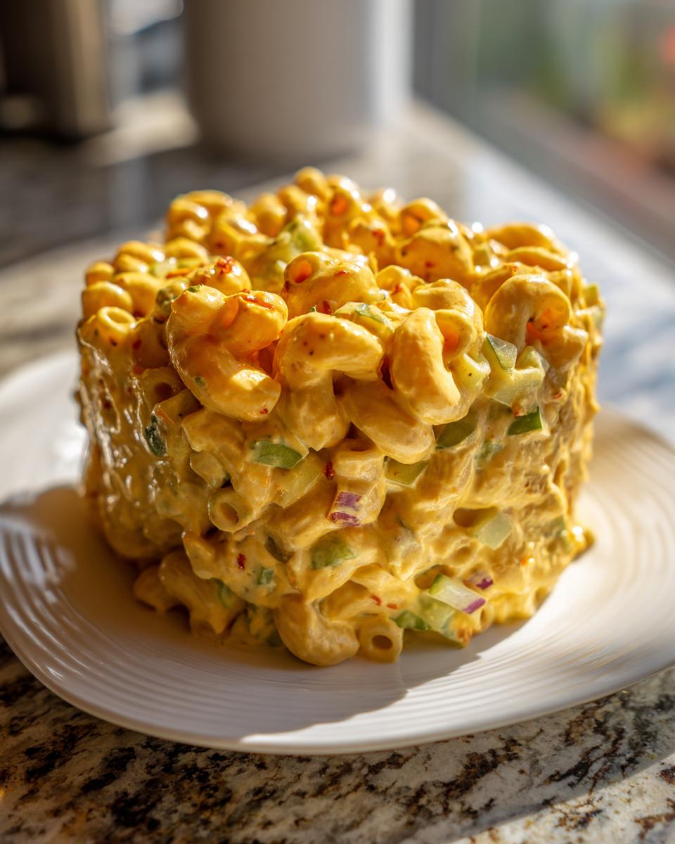 A perfectly molded serving of Guy Fieri's Iconic Mac Salad featuring elbow macaroni in a creamy yellow dressing with visible chunks of cucumber and red onion.
