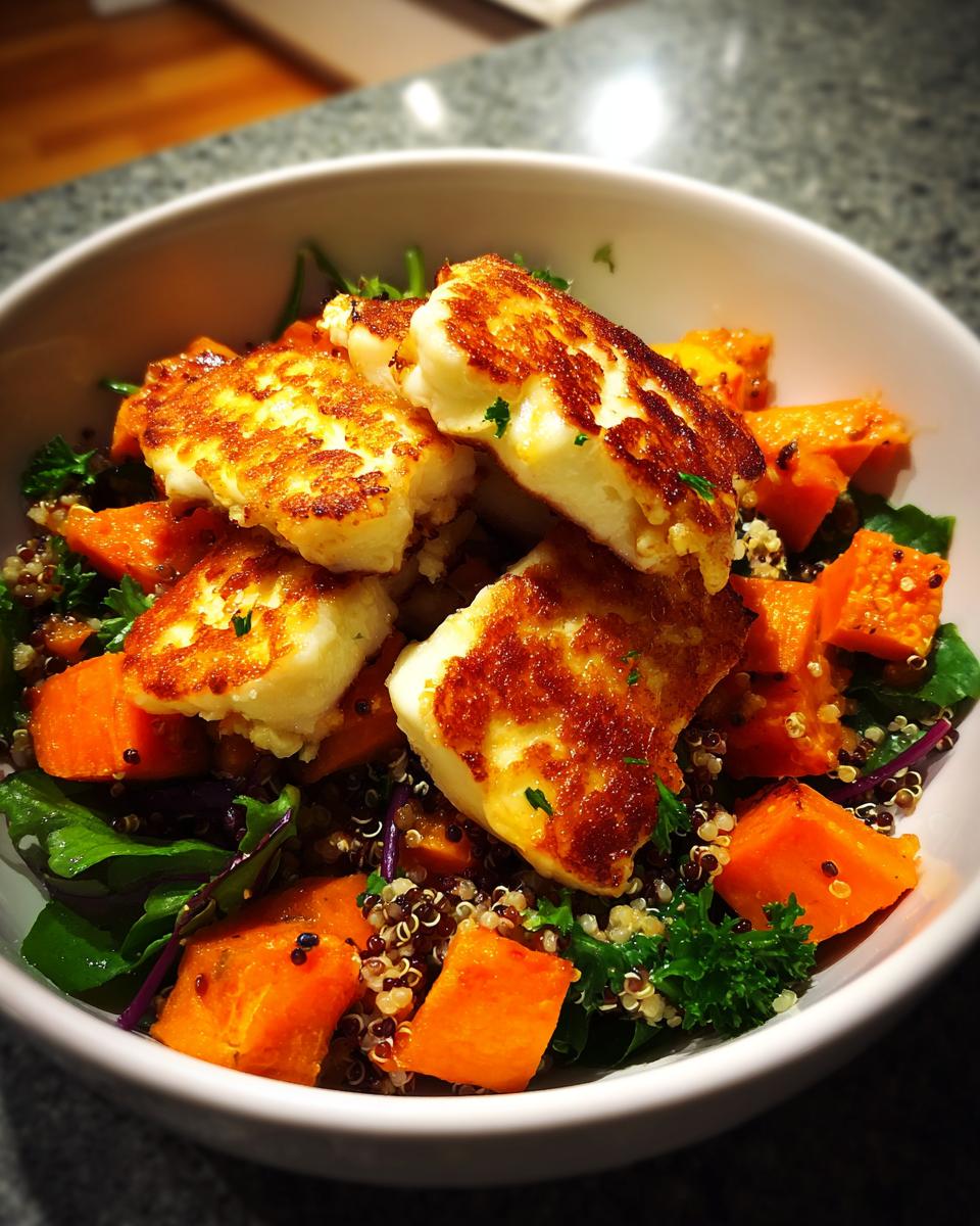 Close-up of a vibrant halloumi sweet potato bowl featuring pan-fried halloumi cheese over roasted sweet potato cubes and quinoa.