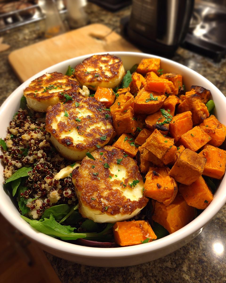 Close-up of a halloumi sweet potato bowl featuring pan-seared halloumi slices, roasted sweet potatoes, and quinoa over greens.