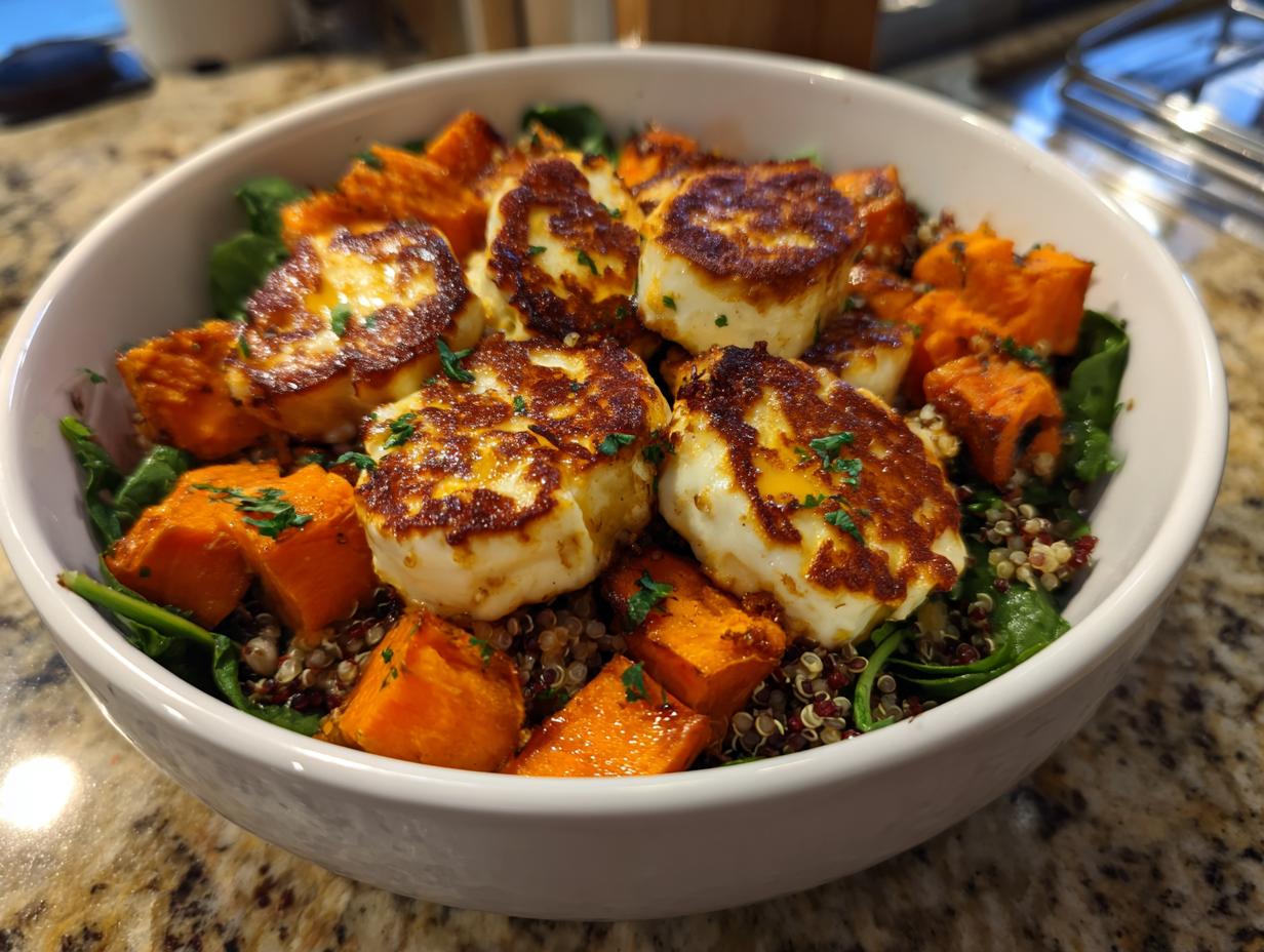 Close-up of a vibrant halloumi sweet potato bowl featuring seared halloumi cheese, roasted sweet potatoes, and quinoa.