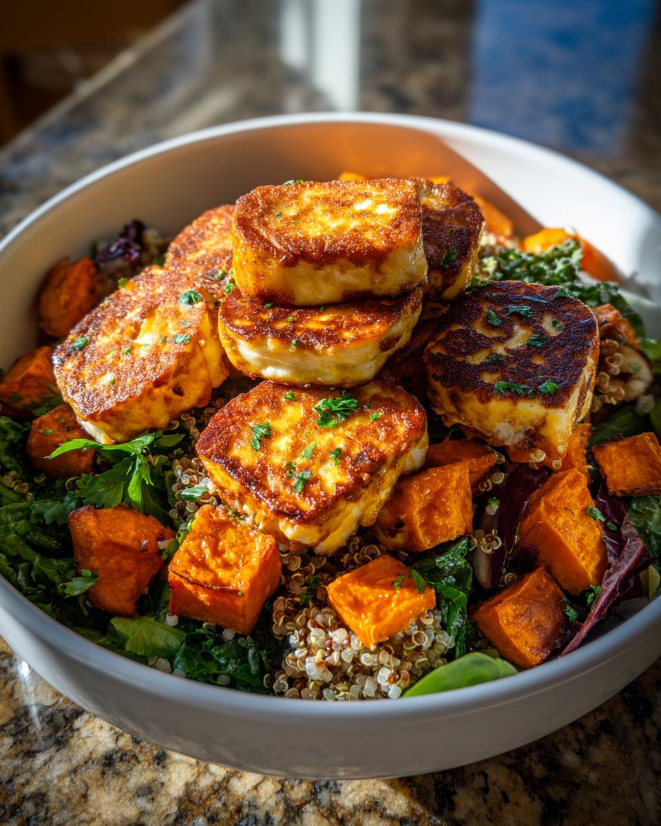 A close-up of a halloumi sweet potato bowl featuring stacked, pan-fried halloumi cheese over quinoa, roasted sweet potatoes, and greens.