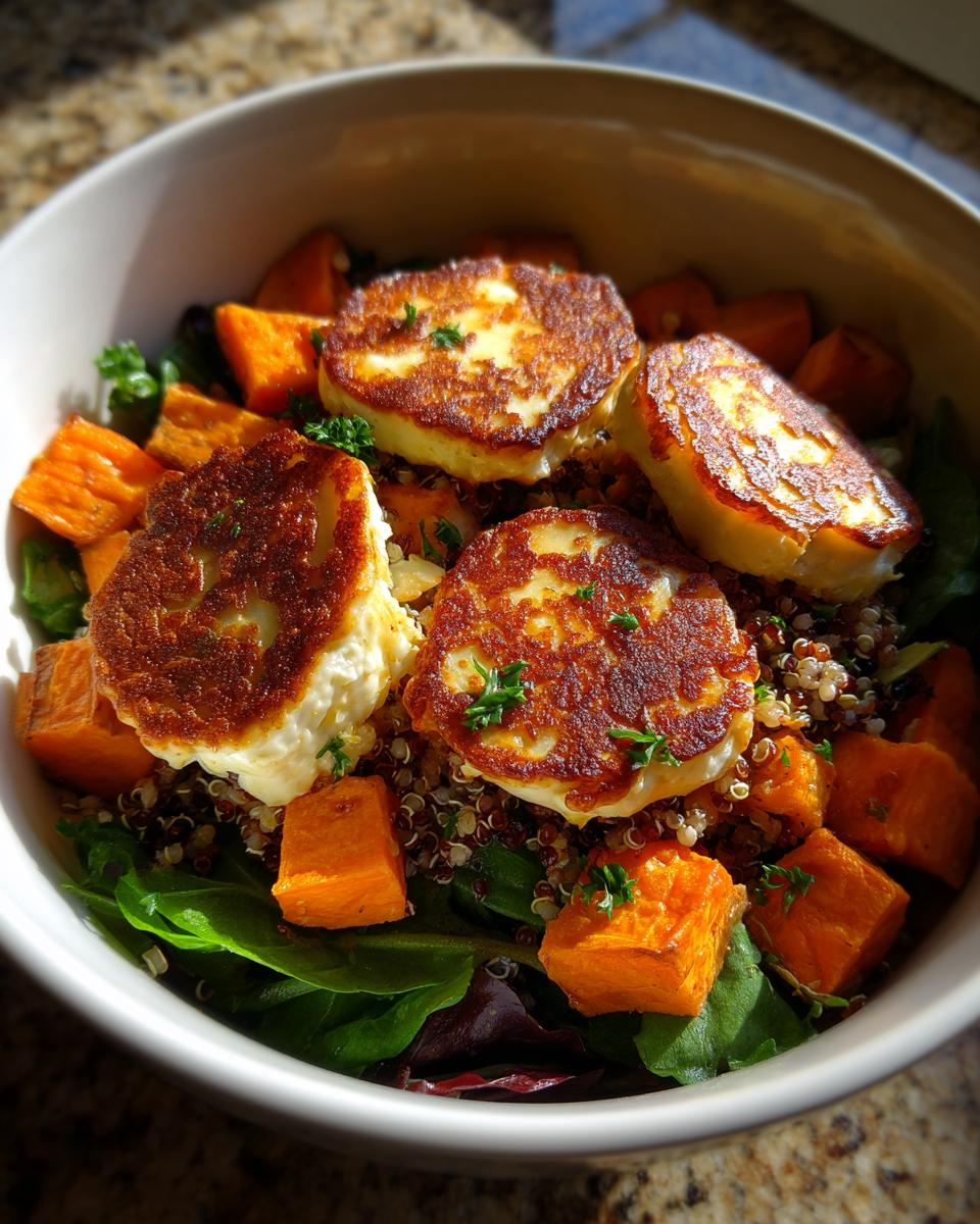Close-up of a halloumi sweet potato bowl featuring seared halloumi cheese, roasted sweet potato cubes, and mixed greens.