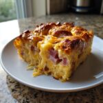 A golden-brown slice of Ham and Cheese Croissant Casserole with melted cheese stretching out.