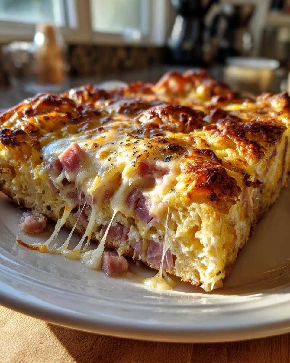 A close-up of a slice of Ham and Cheese Croissant Casserole showing melted, stringy cheese and diced ham inside a baked egg mixture.