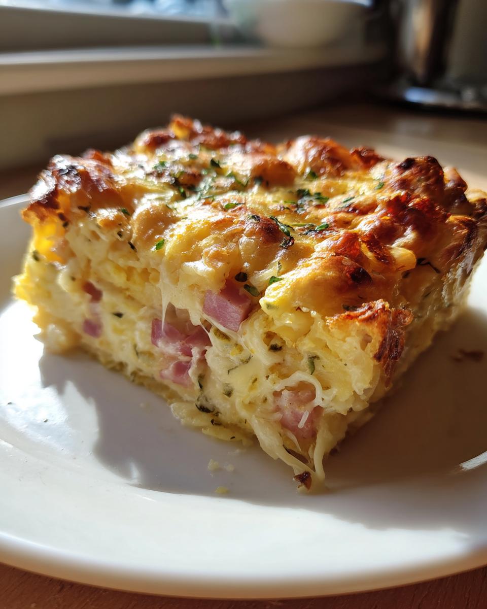 A close-up slice of Ham and Cheese Croissant Casserole showing layers of croissant, ham, and melted cheese, baked golden brown.