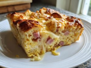 A close-up of a serving of Ham and Cheese Croissant Casserole, showing melted cheese and ham cubes baked into the croissant base.