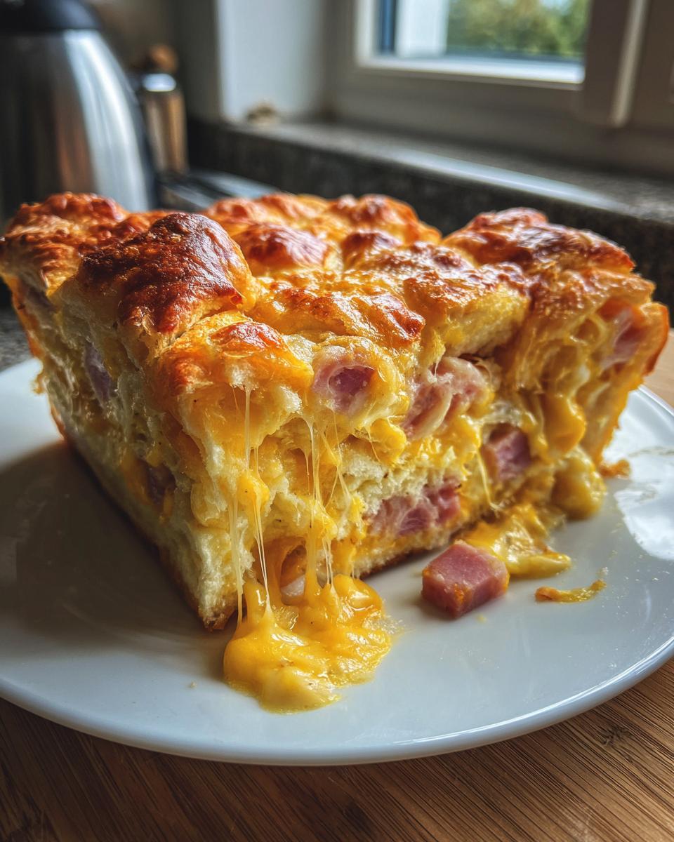A close-up of a slice of Ham and Cheese Croissant Casserole with melted cheese strings dripping onto a white plate.