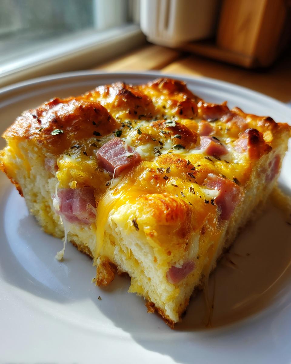 A close-up of a golden-brown slice of Ham and Cheese Croissant Casserole with melted cheese and ham cubes.