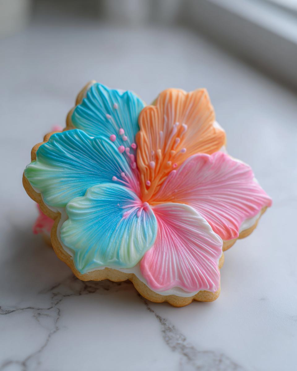Close-up of a beautifully decorated Flower Sugar Cookies shaped like a multi-colored hibiscus flower.