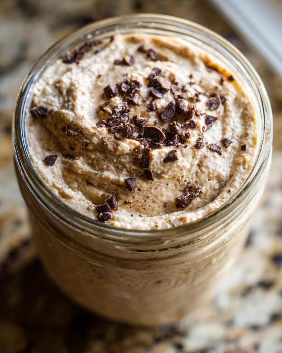 Overhead close-up of creamy high protein cookie dough overnight oats topped with chocolate chips in a glass jar.