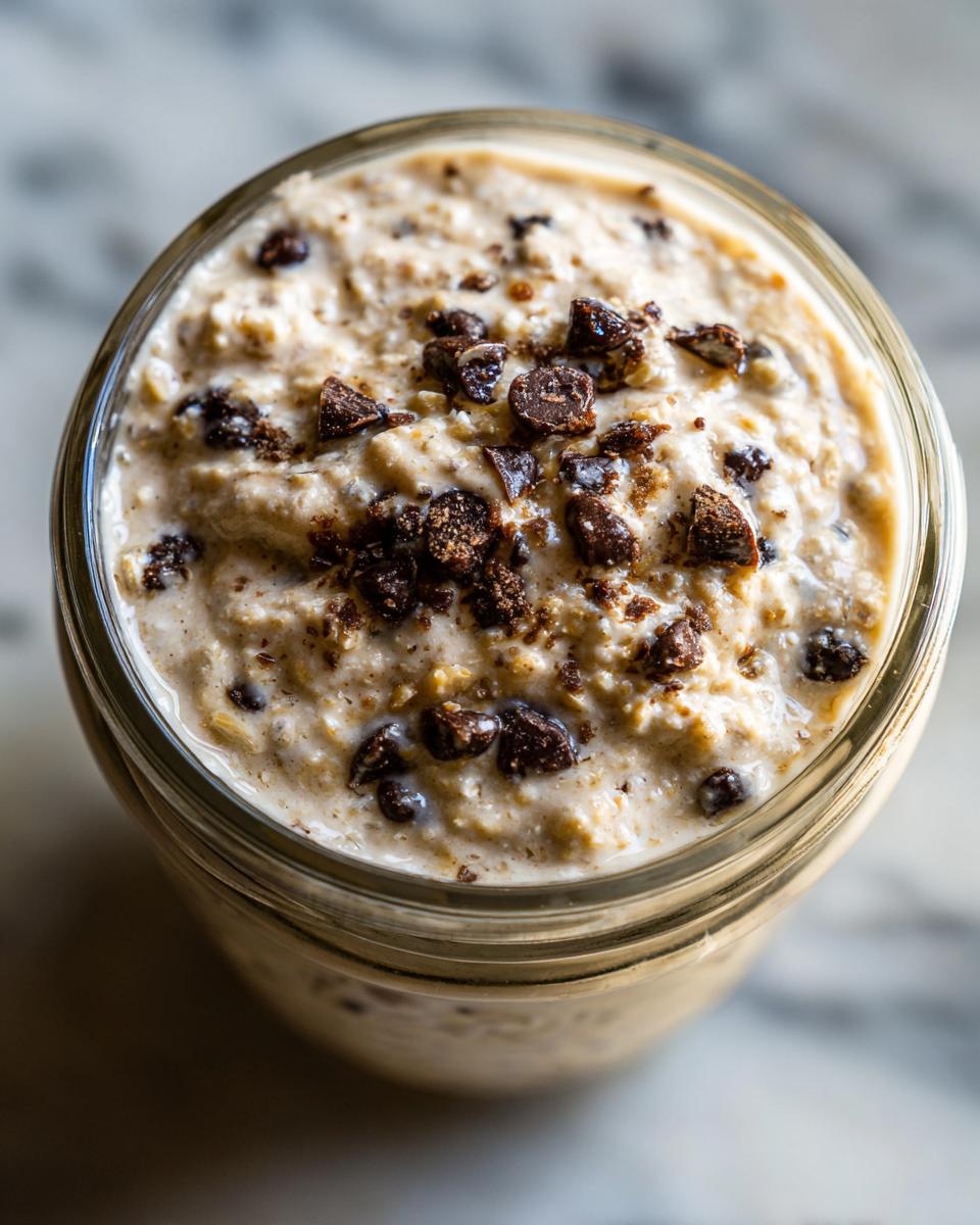 Overhead view of creamy high protein cookie dough overnight oats topped with chocolate chips in a glass jar.