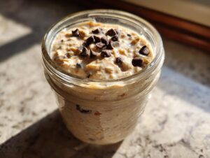 Close-up of high protein cookie dough overnight oats topped with chocolate chips in a glass jar.