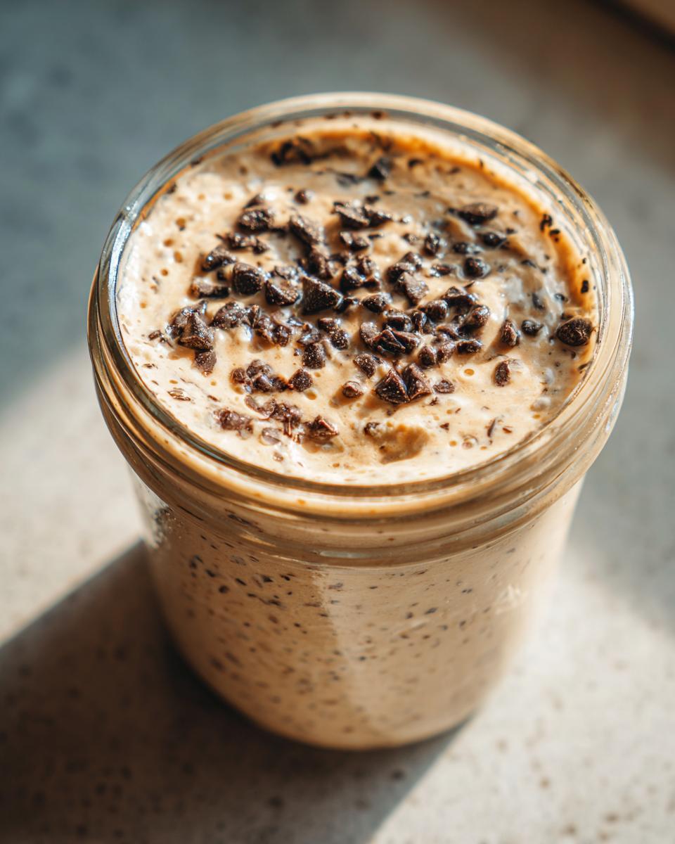 Close-up of creamy high protein cookie dough overnight oats topped with dark chocolate chunks in a glass jar.